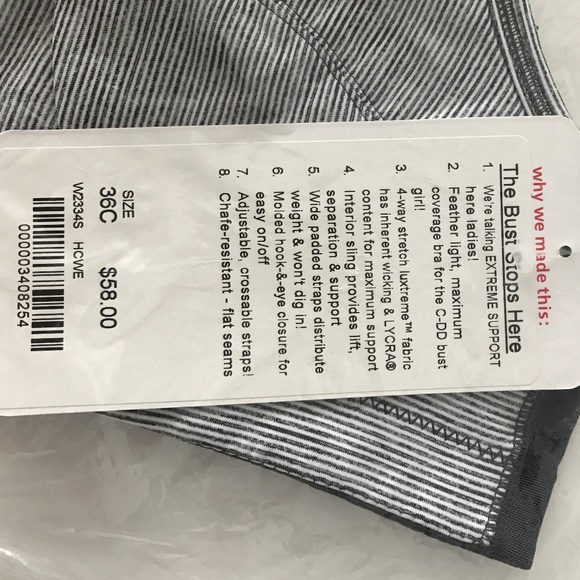 NWT Lululemon The Bust Stops Here 36C, black/white - Picture 3 of 4